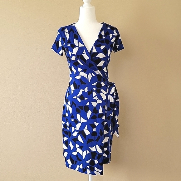 Diane Von Furstenberg Blue Black Geometric New Julian Two Wrap Midi Dress - Picture 1 of 11